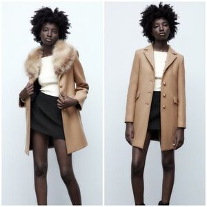 ZARA Beige Wool Long Peacoat with Removable Fur Collar
